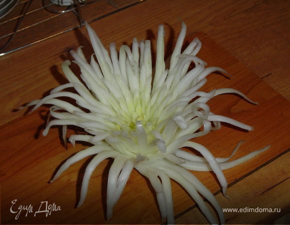 Первые два - три круга листьев режем на максимальной высоте листа, а затем постепенно уменьшаем размер "лепестков" к центру, так как Вы видите на фото.Вырезанную хризантему кладем в ледяную воду на 2-3 часа. 