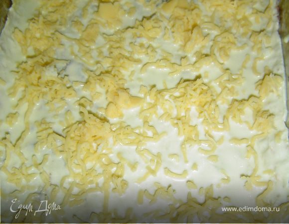 Лист лаваша окуните в подготовленную смесь из сметаны, молока, яиц и специй и положите на противень. Сыр натрите на мелкой терке и посыпьте лаваш.