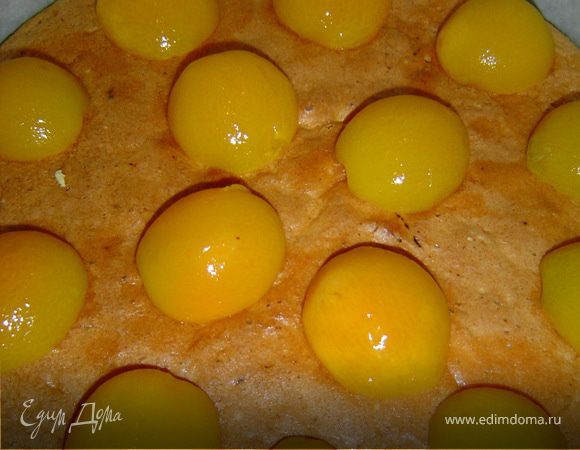  Сверху накрываем верхней частью бисквита и на ней выкладываем половинки абрикос, 