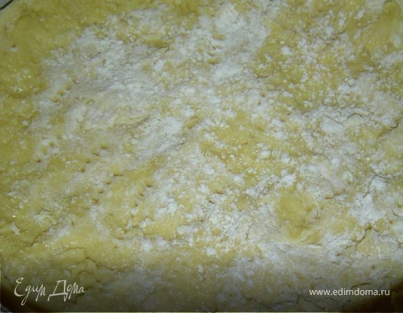 Противень застелить бумагой, смазать сливочным маслом, слегка посыпать мукой. Тесто распределить по дну формы, проколоть вилкой.