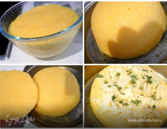 Когда полента остынет, переложить на смазанную форму или противень. Полента должна легко выйти из формы, если поможите ей рукой. Разрезать ниткой на 2 коржа. Посыпать сыром, травами и поперчить. Выпекать в разогретой до 180 С духовке 30 минут. Подавать сразу же!