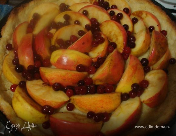 Готовим начинку: режем крупно яблоки, сбрызгиваем их лимонным соком и жарим до золотистой корочки. Делаем заливку. Для этого взбиваем яйца с сахаром и вливаем молоко.Сверху посыпаем цедрой - опять таки все по вкусу... 
Как только корж пропечется, ложим на него яблоки, затем – клюкву. Все заливаем яично-молочной смесью и отправляем в духовку на полчаса.