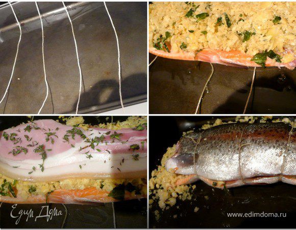 Противень или форму хорошо смазать оливковым маслом. Положить на него несколько отрезков кулинарной нитки. Рыбу порезать на два филе - спинку и животик. Положить животик на нитки и выложить сверху начинку. Накрыть полоской бекона и посыпать  тимьяном. Накрыть спинкой и перевязать. Если осталась начинка, распределить вокруг, на противне. Выпекать в разогретой до 220 С  духовке минут 15 или пока шкурка не станет немного сухой и хрустящей. 
