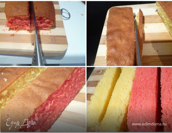 Остывшие "коржи-батоны" порезать пополам вдоль. Срезать стенки и подравнять.  У нас получатся 4 одинаковых брусочка. 