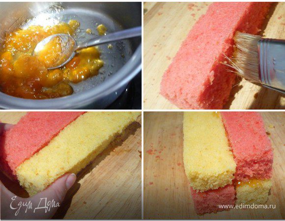 Джем немного нагреть с очень небольших количеством воды, пока тот не станет жидким.  Правую стенку одного розового брусочка смазать джемом. Присоеденить к нему желтый и, прижимая, склеить. Верх склееных  брусочков смазать джемом, положить на розовый брусочек желтый. Смазать его стенку джемом и "приклеить" к нему розовый. Тортик смазать джемом со всех сторон.
