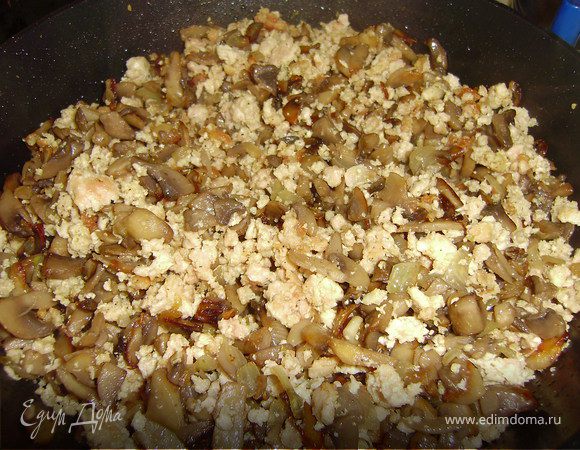 Готовим жульен: куриные грудки перемолоть в фарш и обжарить на оливковом масле до готовности... Отдельно обжарить грибы с репчатым луком и все вместе смешать...Залить сметаной и 2 минуты протушить...