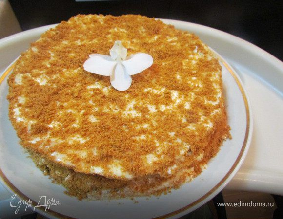 Достаем из холодильника, и формируем из теста колбаску, которую нужно разделить на 8-10 частей. Раскатывать коржи, вырезать нужный диаметр при помощи формы и хорошо их накалывать вилкой. Выпекать коржи при температуре 200 гр. до легкой золотистости :) на бумаге для выпекания (очень удобно раскатывать тесто непосредственно на самой бумаге) или присыпать противень мукой. Таким образом выпечь все коржи, а последний зарумянить до коричневого цвета, который необходимо измельчить в блендере. Крошку будем использовать для посыпки торта. 
Собрать торт, перемазывая коржи кремом. Можно присыпать измельченными орешками. Верх торта украсить крошкой и своей фантазией :) Торт пропитывается минимум 12 часов. Чем мягче тортик, тем он получается вкуснее.