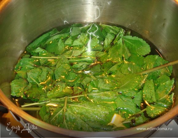 Желатин смешать с 3 ст.л. воды, оставить до разбухания. Сахар и зеленый чай смешать с 2 ст.л. воды. В отдельную емкость налить 0,5 л воды, поставить на огонь и довести до кипения. Заложить мяту и дать настояться минуты 2-4, затем листья откинуть. Добавить чай с сахаром и прогреть пока сахар полностью не растворится. Добавить растопленный на водяной бане желатин, перемешать и затем процедить. Разлить по креманкам и отправить в холодильник на 1 час или на ночь.