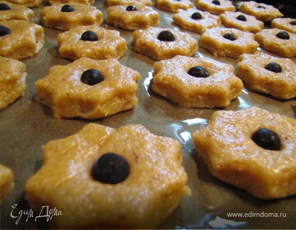 Противень застелить пергаментом, смазанным маслом, выложить печенье, в середину каждого воткнуть мороженную смородинку.