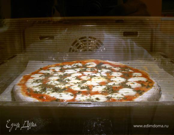 Разделить тесто на 2 части, раскатать одну часть в тонкий пласт. Выложить на смазанный оливковым маслом противень.
Выложить приготовленное из свежих помидоров томатное пюре на тесто, сверху положить нарезанный кружочками свежий сыр "моцарелла" (или натереть "моцареллу" для пицыы на терке).