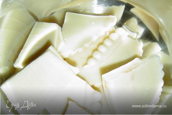 Замачиваем желатин, молоко нагреваем и расплавляем в нем белый шоколад.