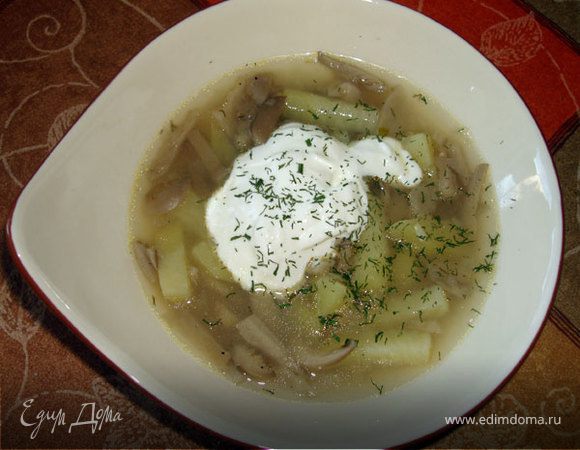 Досоливаем, перчим по вкусу (немного для запаха перца). Добавляем в суп масло, размешиваем и даем закипеть. Выключаем нагрев. Наливаем грибницу в тарелки, посыпаем укропчиком, добавляем сметанки... 
Приятного аппетита!!!