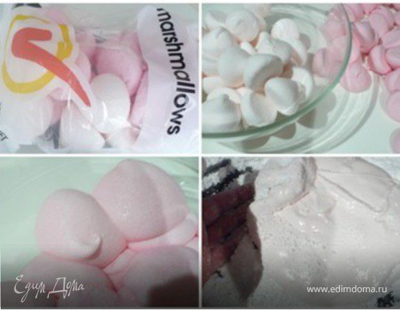 МАСТИКА: "Маршмеллоу" распределить по мисочками - белые отдельно от розовых.  Я работала сначала с белымы, потом с розовыми.  Добавить к белым конфетам несколько капель лимонного сока или воды и поставить в микроволновку или духовку. Внимательно следите за ними - когда конфеты увеличатся в двое-трое, достать. Всыпать 1/2 стакана сахарной пудры и размешать ложкой. Добавлять постепенно остальную пудру и вымешить, пока мастика не станет "управляемой" как пластилин и перестанет прилипать к рукам. Повторить тоже самое с розовыми конфетами. 
