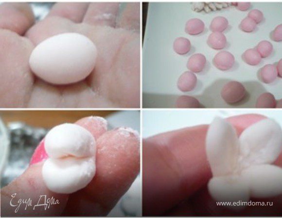 Отщипывая от мастики небольшие кусочки, скатать шарики. Готовые шарики, разрезать ножницами пополам - 2 листочка....Затем каждый еще раз пополам - 4 листочка. 
