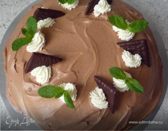Взбить 100г сливок и при помощи кондитерского мешка распределить на тортике в виде башенок. Украсить листочками мяты и мятными пластинками, разрезанными по диагонали. Приятного аппетита!
