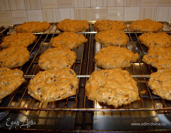 Противень застелить бумагой. Чайной ложкой разложить тесто лепёшечками диаметром 4-5см. Оставлять достаточно места между ними, так как тесто немного растечется. Выпекать 20 минут в духовке разогретой до 170С, пока печенье слегка не подрумянится. Остудить на на решетке.