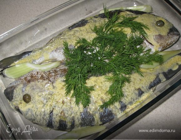 Майонез, горчицу, оливковое масло и сок половинки лимона соединить и взбить венчиком. Залить соусом нашу рыбку и накрыть пару веточками укропа.