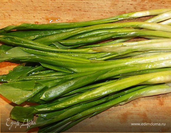 Черемшу помыть и порезать пёрышками.Индейку посолить.Приготовить овощной салат.