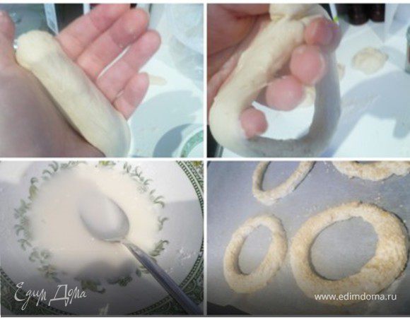 Тесто подбить немного и разделить на 6 шариков. Каждый скатать на столе или на весу, между ладонями в "веревочку" около 30-40 см. Смазать их обмазкой. На кальке рассыпать кунжут и обкатать в нем наши "веревочки". Защепить концы - у нас получатся баранки. Положить их на противень, выложенный калькой и выпекать в разогретой до 200С духовке около 20 минут или до  золотистого цвета. Опавшие кунжутные семена соберите и используйте. 
