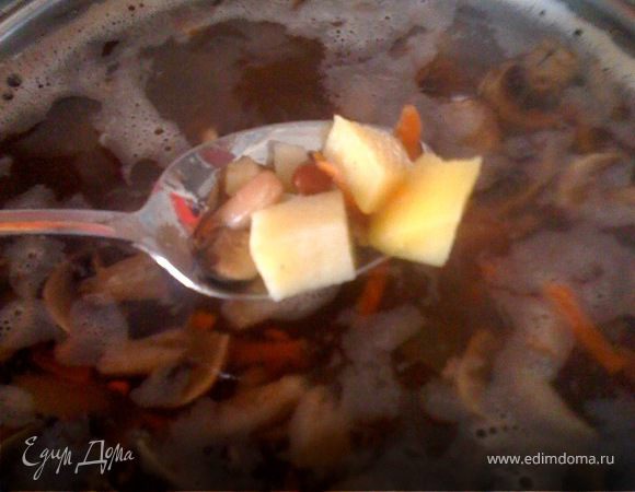 В кипящую воду положите морковь, сельдерей, грибы. Через 10–15 минут добавьте картофель и консервированную фасоль. Доведите до кипения, посолите, добавьте в суп немного растительного масла. Я добавляю около 100 мл масла на трехлитровую кастрюлю. Добавьте лук. Варите на среднем огне до полной готовности лука и картофеля. Готовый суп накройте крышкой и дайте настояться.