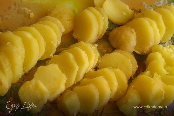 Тем временем приготовить начинку. Для начинки очистить картофель и нарезать его тонкими ломтиками или кружками.