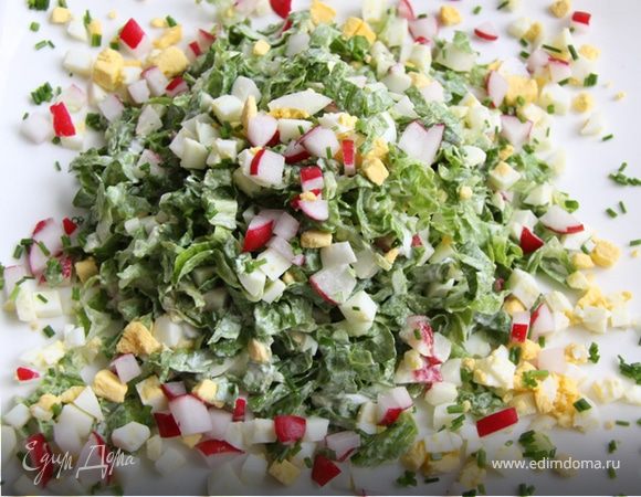 5. Выложить на тарелку, сверху посыпать оставшимся редисом и яйцом, украсить любимой зеленью.