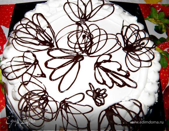 Взбить яйца с щепоткой соли в пену, желательно миксером. 
Затем продолжая взбивать добавлять по чуть чуть сахар а затем также аккуратно муку с разрыхлителем.
Взбить массу необходимо до увеличения ее в 2 раза.
Затем круглую форму для выпечки смазываем маслом (я предпочитаю чуть чуть подсолнечного)и заливаем тесто и ставим в предварительно разогретую духовку до 180 градусов на минут 30-40.
Это все зависит от духовки.Проверить готовность бисквита можно зубочисткой после того как вы ей проткнете бисквит в серединке она должна быть сухая.
Крем:
Все ингридиенты соединить в емкости где вы будите его взбивать.
Сначала взбивайте на медленной скорости а затем на самой большой не менее 4 минут не останавливаясь.
Можно украсить шоколадными фигурками!
Бон Апетит:)