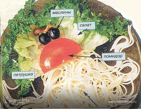 салат айсберг, петрушка, маслины, макароны, помидор