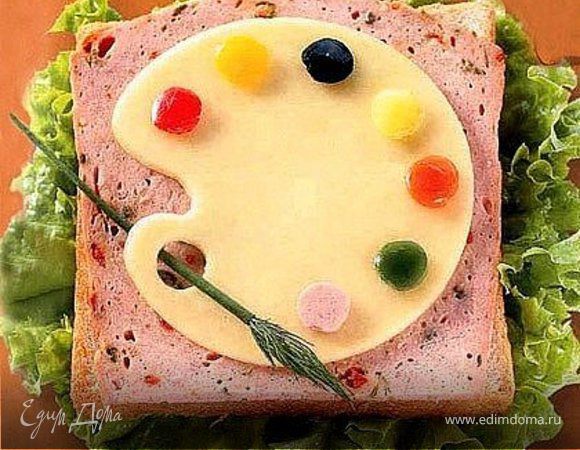 зеленый салат, хлеб, сыр, укроп, зеленый лук, ветчина, болгарский перец, маслина, паштет