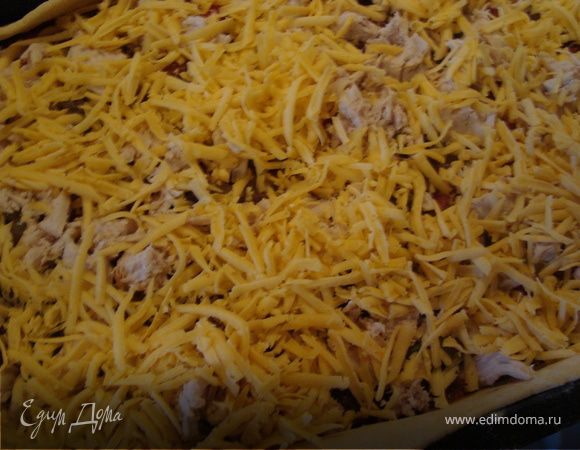 Сыр натереть на крупной терке.Присыпать сверху на куриное филе,разровнять.
