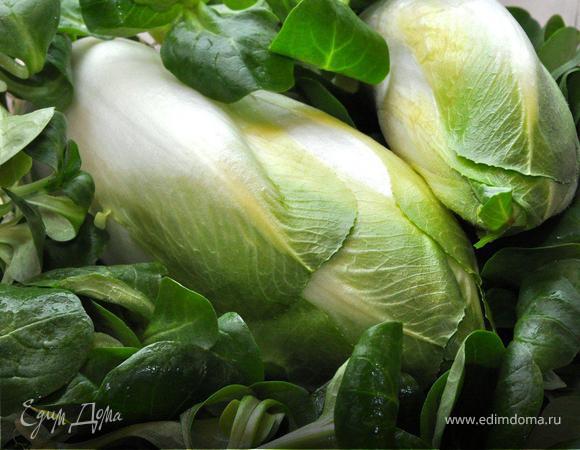 Итак, цикорий. Приготовленный таким образом этот замечательный овощ поразит Вас своим насыщенным пикантным вкусом. Уверен, что Вы его полюбите!  Нам понадобится белый цикорий, среднего размера, а также салат корн или по-другому овощная валериана для подачи. Поэтому хорошенько все промоем проточной водой и обсушим полотенцем.