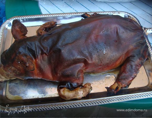 Сухого поросенка хорошо натереть смесью сливочного масла с небольшим добавлением соли и перца,особенно внутри.Затем обильно смазать приготовленным соусом.Настоявшимися фруктами начинить поросенка очень плотно и зашить или скрепит зубочистками.Оставить промариноваться на 2-3 часа.