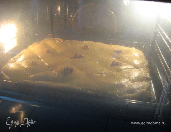 Смазываем противень маслом (противень стандартный). Раскатываем 1 "конвертик" побольше , выкладываем его на противень так, чтобы он закрывал бортики, как бы ванночка образоваться должна. Выкладываем на тесто половину начинки. Раскатываем "конвертик" поменьше, и закрываем им нашу ореховую красоту, защипывая края. Делаем совсем неглубокие надрезы, рисуя ромбики. Взбиваем очень хорошо одно яйцо и смазываем половиной всю поверхность. 
Отправляем в разогретую духовку.
Печем до румяного цвета!
