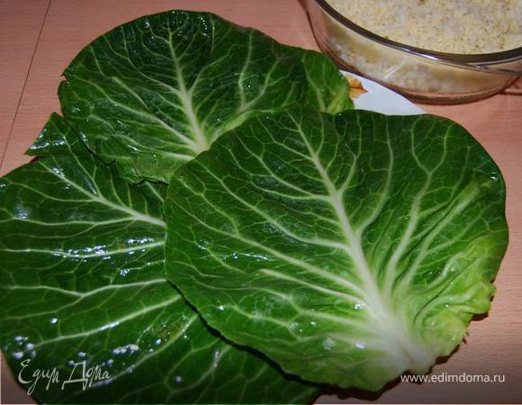 Капустные листья отварить в подсоленной воде 3-5 минут до размягчения.