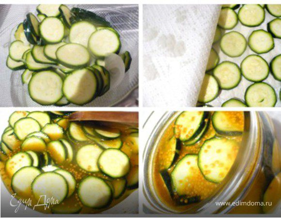 Откинуть цукини и лук на дуршлаг и просушить цуккини салфеткой. Вернуть в посуду и залить маринадом. Размешать и переложить в стерилизованную 300-граммовую баночку. Если по какой-то причине маринад не покрывает цукини, хотя так быть не должно, долейте сверху воды. Мариновать цуккини в холодильнике 2 дня, ну а потом можно есть и получать удовольствие!

