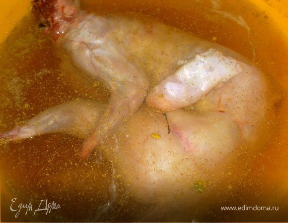 Берем тушку кролика и замачиваем его на 2 часа в воде с яблочным уксусом,молотым перцем,мускатным орехом и лавровым листом.