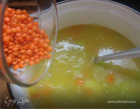 потушить 5 минут и добавить нарезанные стебли сельдерея,тушить помешивая минуты три,влить бульон,довести до кипения и всыпать чечевицу,варить минут 15-20 до готовности,