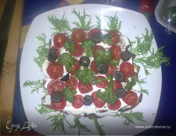 Потом снова идёт "этаж" баклажанчиков. Опять намазываем майонезом и теперь уже расскладываем чери, брокколи и оливки (посыпаем укропом). 