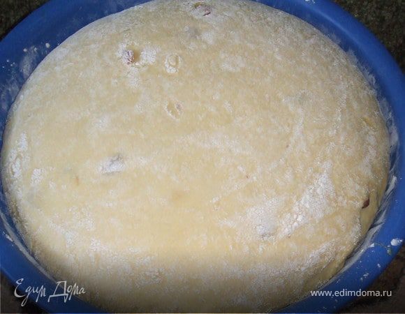 Развести дрожжи в 1 стакане теплой воды, добавить 1-2 ложки муки, поставить в теплое место на 20 мин. в миске. В бо-о-ольшую миску просеять муку (непременно!!!), взбить желтки с сахаром, добавить туда ванилин, молоко, подошедшие дрожжи. Жидкую фазу влить в муку и месить 15 мин. Понемногу вливать растопленное масло, изюм (не мыть!!!!!!!). Месить не менее 40 мин (готовность определяется так: если тесто 'пищит', и изюм выскакивает из теста, то готово).  Тесто для кулича не должно быть жидким (куличи расплывутся и будут плоскими) и не должно быть густым (куличи будут слишком тяжелыми и быстро зачерствеют). Оно должно быть такой плотности, чтобы его можно было разрезать ножом, и оно к ножу не прилипало, а при делении куличей не надо было бы подсыпать муки. Все накрыть полотенцем, поставить в теплое место и ждать, пока подойдет. 