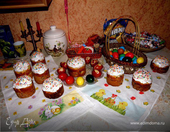 Для начала приготовим опару:
в теплое молоко (50 мл.) добавить столовую ложку сахара и дрожжи и оставить на минут 15-20 минут.
Пока опара подходит я отделила желтки от белков.В желтки добавить ванилин, щепотку соли,и оставшийся сахар. Растереть, если масса слишком густая добавляю столовую ложку воды.
К этому времени подошла опара,в нее нужно влить 450 мл молока и размешать.
Соединяю желтки и опару и тщательно перемешиваю.
Затем я взбила отдельно белки до того состояния чтоб при переворачивании тарелки где я их взбивала,они не выливались. Соединила опару, которая уже с желтками, с белками и 300 г муки
Вымешиваю тесто добавляя размягченное сливочное масло и постепенно остальную муку. Тесто готово когда не прилипает к рукам.
Оставила я его на 3 часа оно подошло.
Затем его обминаю и добавляю изюм (предварительно замоченный в водичке с коньяком)
Ставлю тесто еще на 3 часа.
Тесто подошло,обминаю его и разкладываю в форму для куличей и жду пока они еще раз поднимутся уже в формочках.
Пекутся куличи в течении 30-40 минут в разогретой духовке до 180 градусов
Готовые куличи смазать глазурью и посыпать пресыпкой.
Глазурь у меня была из 3 белков и стакана сахара взбивала миксером:)