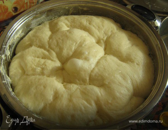 Замесите тесто: в теплом молоке (температура 35–37°C) растворите дрожжи. Добавьте 2 яйца, сахар, соль, всыпьте муку и замесите тесто (яйца лучше предварительно растереть с солью и сахаром, а потом ввести в тесто). В конце замеса добавьте сметану, вымешивайте до тех пор, пока тесто не перестанет прилипать к миске и рукам (тесто не должно быть тугим). Готовое тесто слегка посыпьте мукой, накройте салфеткой или полотенцем и поставьте в теплое место. Когда тесто поднимется, его нужно обмять и дать еще раз подойти. После чего можно начинать печь.