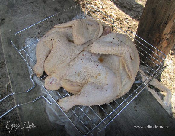 Курицу вымыть, обсушить, натереть солью и перцем, положить в судочек добавить лавровый лист и залить пивом, поставить в холодильник. У меня курица мариновалась почти 2 дня.