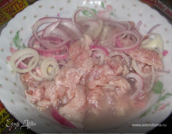 Мясо нарезать длинными брусочками.
Лук кольцами.Смешать и замариновать с 3 ст.л яблочного уксуса и 1/2 ст воды.