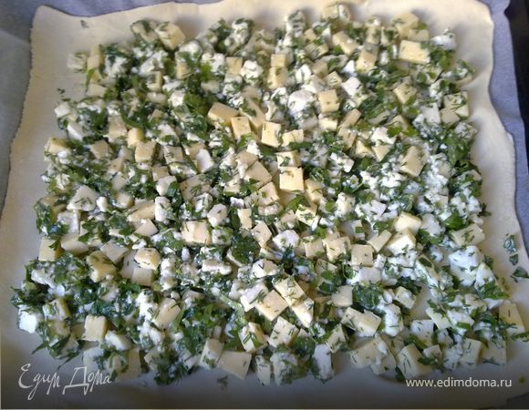 Раскатать тонко две половины теста. Одну половины выложить на противень на пекарскую бумагу и сверху выложить начинку.