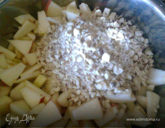 Яблоки помыть, нарезать кусочками, сложить в миску. К яблокам добавить семечки, измельченные орехи, сахар,ванильный сахар, корицу, все перемешать.