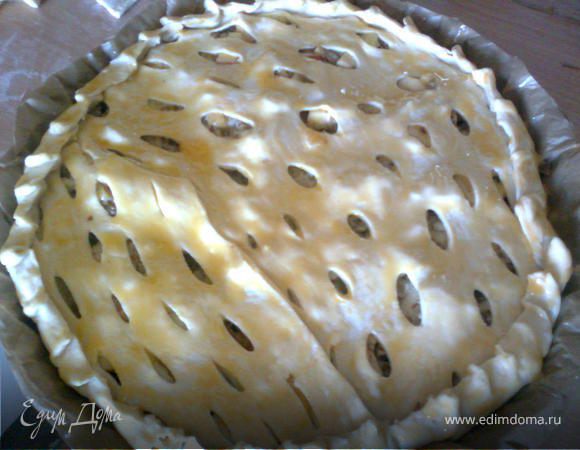 Маленькую часть теста раскатать, сделать в тесте надрезы и накрыть пирог. Лишнее тесто с краев срезать, края тщательно прищемить. Пирог смазать желтками и отправить в духовку, разогретую до 180-200*С