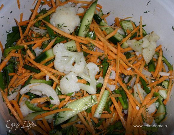 приготовление:
Морковь натереть соломкой, перец и чеснок мелко порезать, огурцы - крупно, 0,5 головки лука реп порезать на дольки, крупно порезать зелень, цветную капусту разделить на соцветья и немного проварить  в соленой воде (1-2 мин ) 
Все овощи складываем в чашку, добавляем соль по вкусу, сахар щепотку кориандр и перец и уксус -4-5 ст ложек.(вообще лучше по вкусу) 