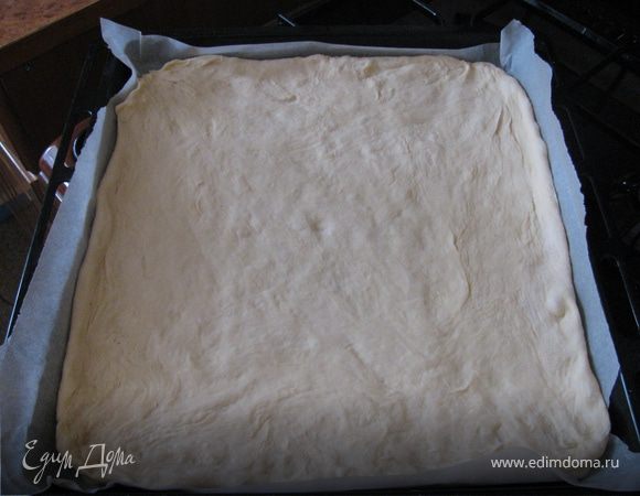 Нагреть духовку до 180г.Промесить тесто на посыпанной мукой рабочей поверхности и раскатать на смазанном маслом противне.