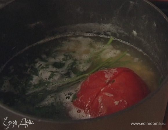Добавить к фасоли пучок петрушки, перевязанный для удобства ниткой, и 2 зубчика чеснока. Когда фасоль слегка проварится, добавить 1 помидор, надрезав его, чтобы он отдал свой сок. Варить около часа.