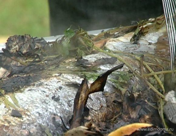 Завернуть в газетные листы, перевязать веревкой и намочить так, чтобы газета была очень влажной. Запекать рыбу на гриле 25−30 минут, перевернув один раз.
